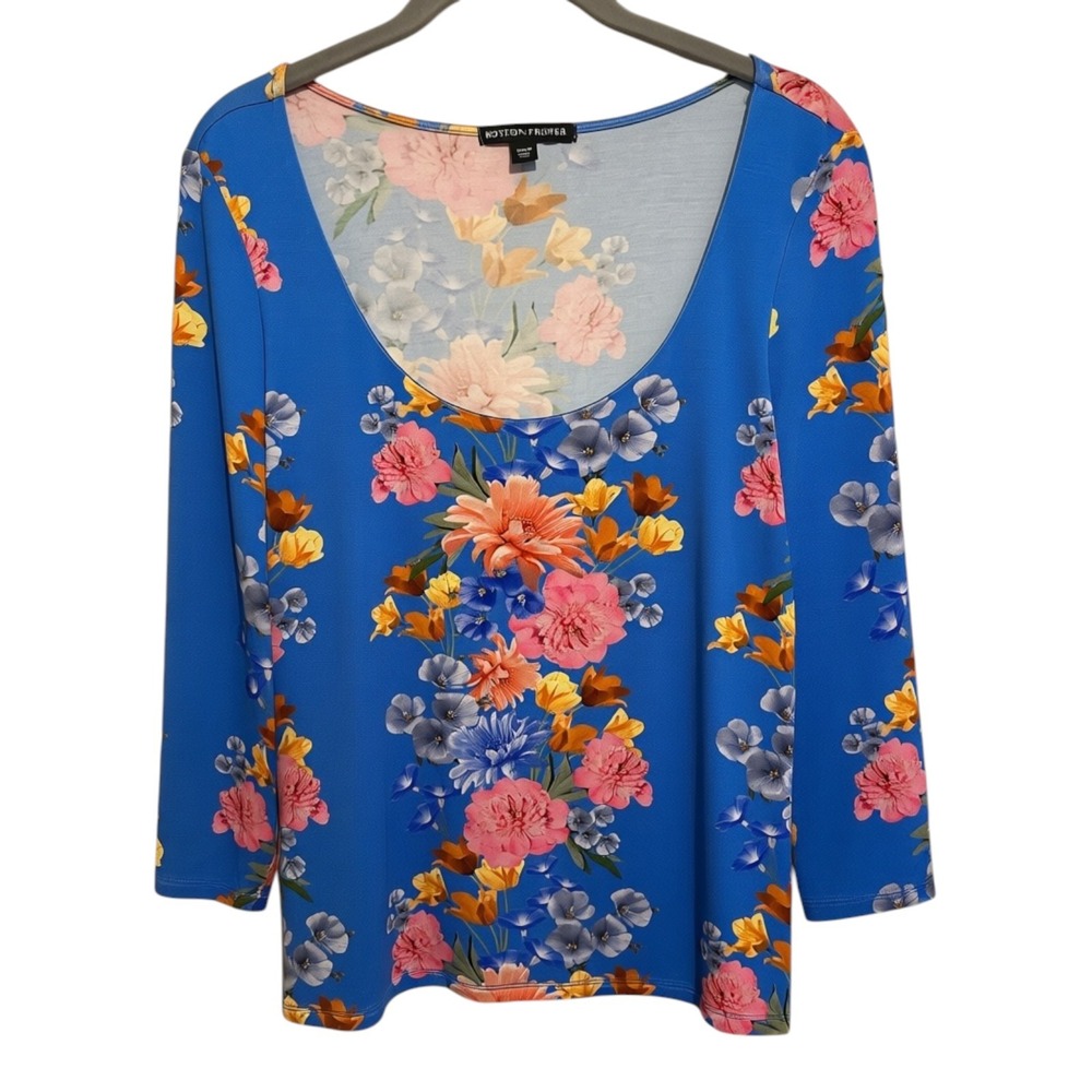 Boston Proper Floral Top Women's Medium Blue Stretchy Long Sleeve Cottagecore